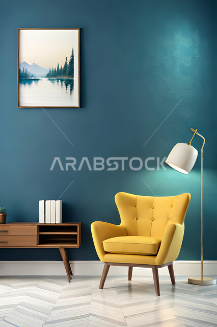 Modern interior, bright yellow chair in a living room with a blu