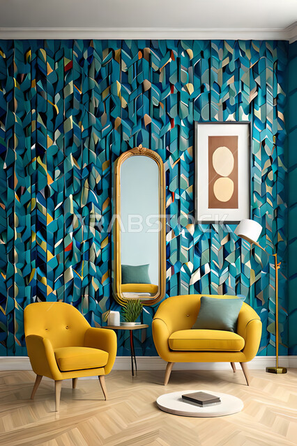 Modern interior, bright yellow chair in a living room with a blu