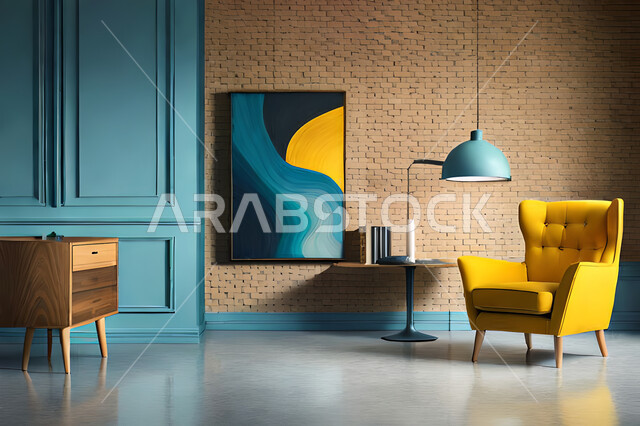 Modern interior, bright yellow chair in a living room with a blu