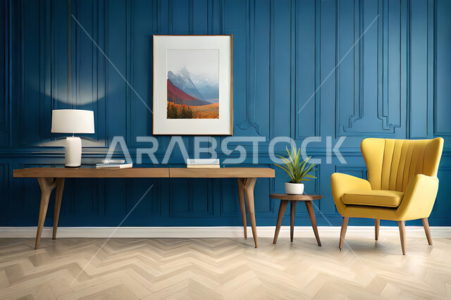 Modern interior, bright yellow chair in a living room with a blu