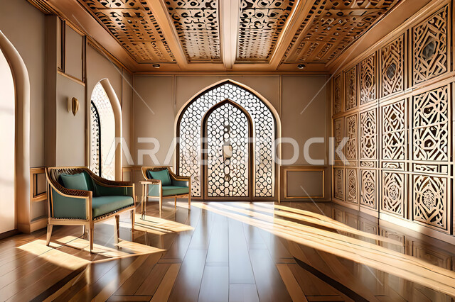 غرفة معيشة بتصاميم عصرية حديثه، زخارف عربية اسلامية, ديكورات داخليه، غرفة جلوس, تصاميم عصرية فاخرة، شقق وفلل سكنية, الفن الهندسي الاسلامي, باب خشبي ملون على الطراز العربي الاسلامي .
