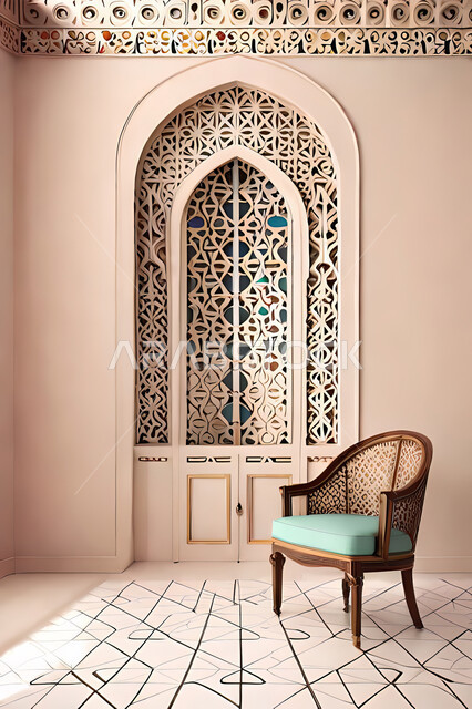 غرفة معيشة بتصاميم عصرية حديثه، زخارف عربية اسلامية, ديكورات داخليه، غرفة جلوس, تصاميم عصرية فاخرة، شقق وفلل سكنية, الفن الهندسي الاسلامي, باب خشبي ملون على الطراز العربي الاسلامي .