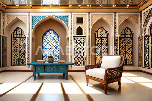 غرفة معيشة بتصاميم عصرية حديثه، زخارف عربية اسلامية, ديكورات داخليه، غرفة جلوس, تصاميم عصرية فاخرة، شقق وفلل سكنية, الفن الهندسي الاسلامي, باب خشبي ملون على الطراز العربي الاسلامي .