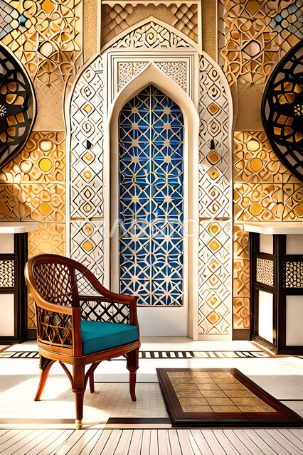 غرفة معيشة بتصاميم عصرية حديثه، زخارف عربية اسلامية, ديكورات داخليه، غرفة جلوس, تصاميم عصرية فاخرة، شقق وفلل سكنية, الفن الهندسي الاسلامي, باب خشبي ملون على الطراز العربي الاسلامي .