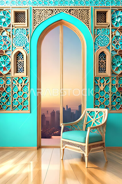 غرفة معيشة بتصاميم عصرية حديثه، زخارف عربية اسلامية, ديكورات داخليه، غرفة جلوس, تصاميم عصرية فاخرة، شقق وفلل سكنية, الفن الهندسي الاسلامي, باب خشبي ملون على الطراز العربي الاسلامي .