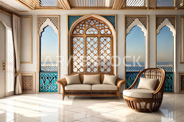 غرفة معيشة بتصاميم عصرية حديثه، زخارف عربية اسلامية, ديكورات داخليه، غرفة جلوس, تصاميم عصرية فاخرة، شقق وفلل سكنية, الفن الهندسي الاسلامي, باب خشبي ملون على الطراز العربي الاسلامي .