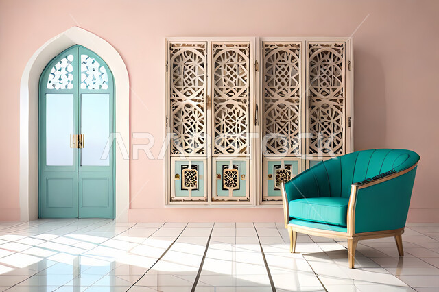 غرفة معيشة بتصاميم عصرية حديثه، زخارف عربية اسلامية, ديكورات داخليه، غرفة جلوس, تصاميم عصرية فاخرة، شقق وفلل سكنية, الفن الهندسي الاسلامي, باب خشبي ملون على الطراز العربي الاسلامي .