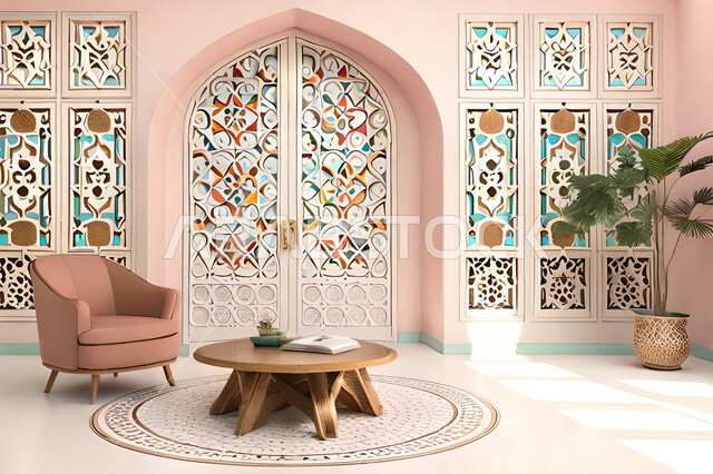 غرفة معيشة بتصاميم عصرية حديثه، زخارف عربية اسلامية, ديكورات داخليه، غرفة جلوس, تصاميم عصرية فاخرة، شقق وفلل سكنية, الفن الهندسي الاسلامي, باب خشبي ملون على الطراز العربي الاسلامي .
