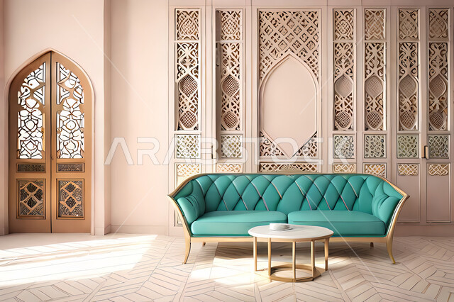 غرفة معيشة بتصاميم عصرية حديثه، زخارف عربية اسلامية, ديكورات داخليه، غرفة جلوس, تصاميم عصرية فاخرة، شقق وفلل سكنية, الفن الهندسي الاسلامي, باب خشبي ملون على الطراز العربي الاسلامي .
