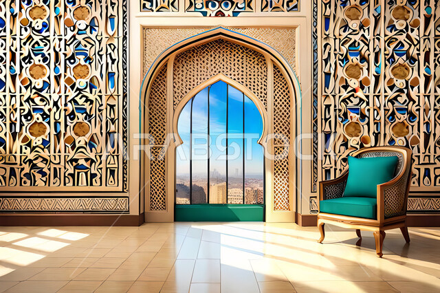 غرفة معيشة بتصاميم عصرية حديثه، زخارف عربية اسلامية, ديكورات داخليه، غرفة جلوس, تصاميم عصرية فاخرة، شقق وفلل سكنية, الفن الهندسي الاسلامي, باب خشبي ملون على الطراز العربي الاسلامي .
