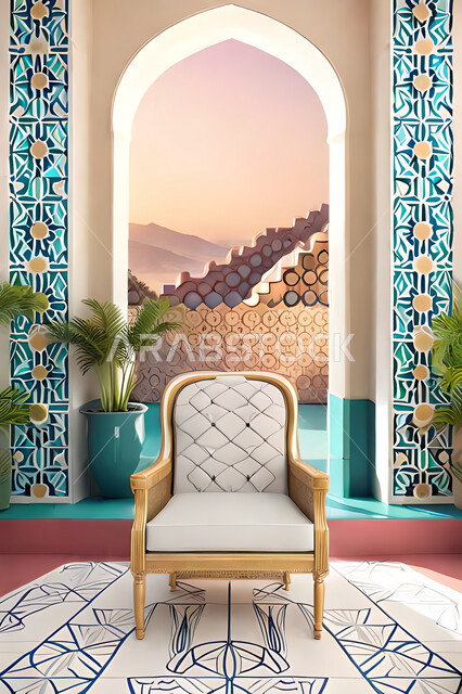 غرفة معيشة بتصاميم عصرية حديثه، زخارف عربية اسلامية, ديكورات داخليه، غرفة جلوس, تصاميم عصرية فاخرة، شقق وفلل سكنية, الفن الهندسي الاسلامي, باب خشبي ملون على الطراز العربي الاسلامي .