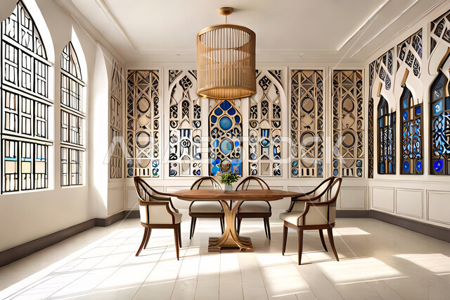 غرفة طعام بتصاميم عصرية حديثه، زخارف عربية اسلامية, ديكورات داخليه، غرفة جلوس, تصاميم عصرية فاخرة، شقق وفلل سكنية, الفن الهندسي الاسلامي, باب خشبي ملون على الطراز العربي الاسلامي .