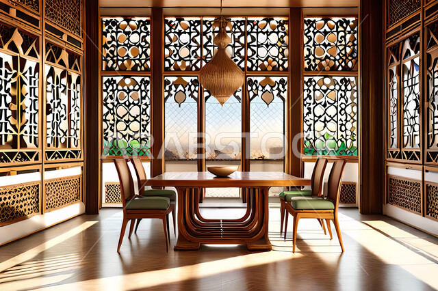 غرفة طعام بتصاميم عصرية حديثه، زخارف عربية اسلامية, ديكورات داخليه، غرفة جلوس, تصاميم عصرية فاخرة، شقق وفلل سكنية, الفن الهندسي الاسلامي, باب خشبي ملون على الطراز العربي الاسلامي .