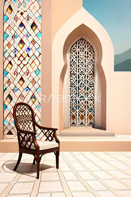 غرفة معيشة بتصاميم عصرية حديثه، زخارف عربية اسلامية, ديكورات داخليه، غرفة جلوس, تصاميم عصرية فاخرة، شقق وفلل سكنية, الفن الهندسي الاسلامي, باب خشبي ملون على الطراز العربي الاسلامي .