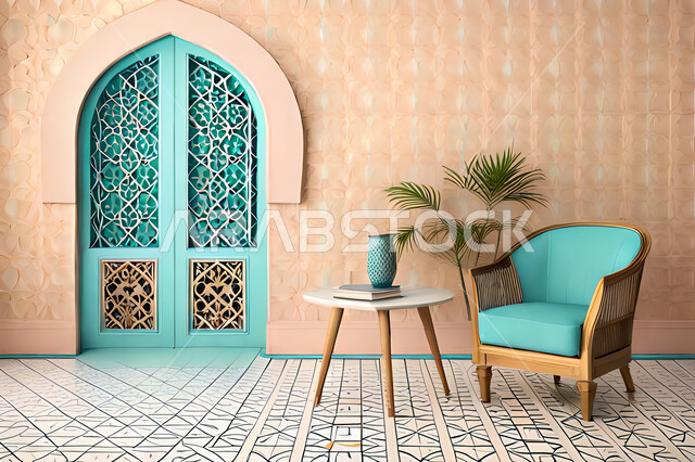 غرفة معيشة بتصاميم عصرية حديثه، زخارف عربية اسلامية, ديكورات داخليه، غرفة جلوس, تصاميم عصرية فاخرة، شقق وفلل سكنية, الفن الهندسي الاسلامي, باب خشبي ملون على الطراز العربي الاسلامي .