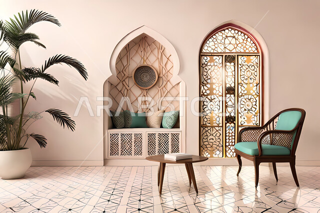 غرفة معيشة بتصاميم عصرية حديثه، زخارف عربية اسلامية, ديكورات داخليه، غرفة جلوس, تصاميم عصرية فاخرة، شقق وفلل سكنية, الفن الهندسي الاسلامي, باب خشبي ملون على الطراز العربي الاسلامي .
