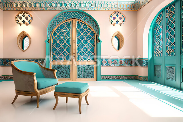 غرفة معيشة بتصاميم عصرية حديثه، زخارف عربية اسلامية, ديكورات داخليه، غرفة جلوس, تصاميم عصرية فاخرة، شقق وفلل سكنية, الفن الهندسي الاسلامي, باب خشبي ملون على الطراز العربي الاسلامي .