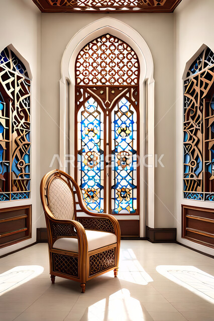 غرفة معيشة بتصاميم عصرية حديثه، زخارف عربية اسلامية, ديكورات داخليه، غرفة جلوس, تصاميم عصرية فاخرة، شقق وفلل سكنية, الفن الهندسي الاسلامي, باب خشبي ملون على الطراز العربي الاسلامي .