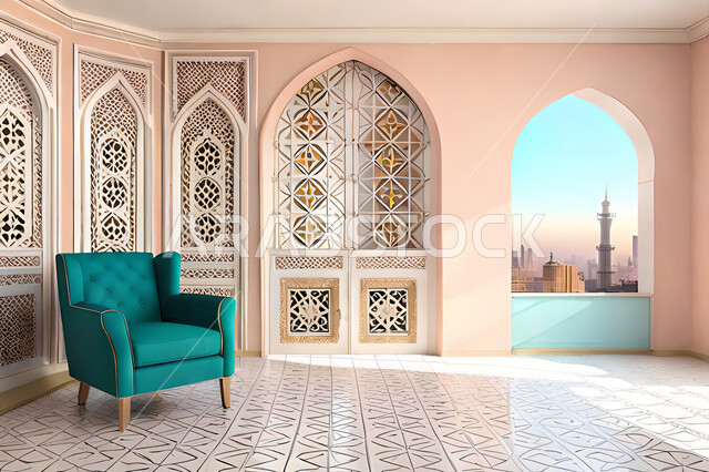 غرفة معيشة بتصاميم عصرية حديثه، زخارف عربية اسلامية, ديكورات داخليه، غرفة جلوس, تصاميم عصرية فاخرة، شقق وفلل سكنية, الفن الهندسي الاسلامي, باب خشبي ملون على الطراز العربي الاسلامي .