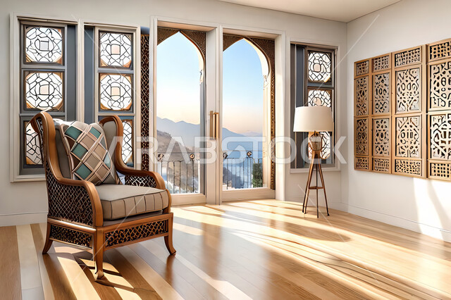 غرفة معيشة بتصاميم عصرية حديثه، زخارف عربية اسلامية, ديكورات داخليه، غرفة جلوس, تصاميم عصرية فاخرة، شقق وفلل سكنية, الفن الهندسي الاسلامي, باب خشبي ملون على الطراز العربي الاسلامي .