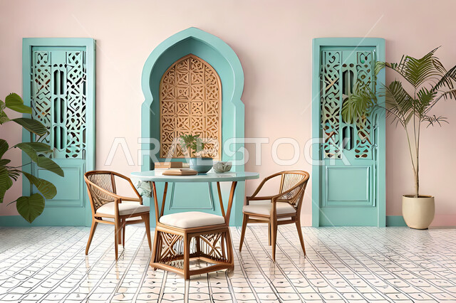 غرفة طعام بتصاميم عصرية حديثه، زخارف عربية اسلامية, ديكورات داخليه، غرفة طعام, تصاميم عصرية فاخرة، شقق وفلل سكنية, الفن الهندسي الاسلامي, باب خشبي ملون على الطراز العربي الاسلامي .