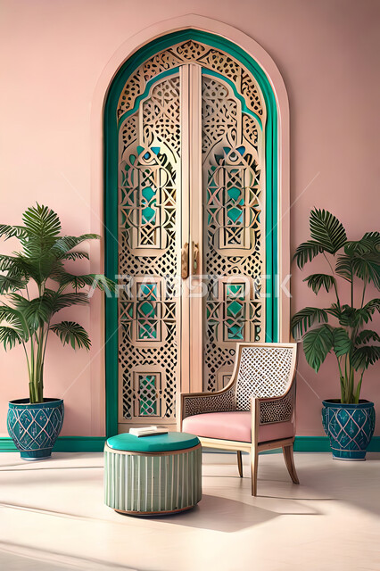 Living room with modern modern designs, Arab-Islamic motifs, interior decorations, living room, luxury modern designs, apartments and villas, Islamic engineering art, colored wooden door in the Arab-Islamic style.