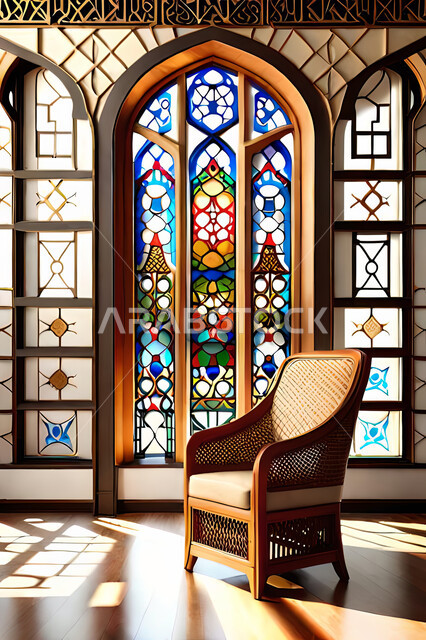 غرفة معيشة بتصاميم عصرية حديثه، زخارف عربية اسلامية, ديكورات داخليه، غرفة جلوس, تصاميم عصرية فاخرة، شقق وفلل سكنية, الفن الهندسي الاسلامي, باب خشبي ملون على الطراز العربي الاسلامي .