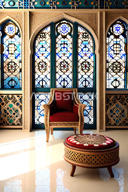 غرفة معيشة بتصاميم عصرية حديثه، زخارف عربية اسلامية, ديكورات داخليه، غرفة جلوس, تصاميم عصرية فاخرة، شقق وفلل سكنية, الفن الهندسي الاسلامي, باب خشبي ملون على الطراز العربي الاسلامي .
