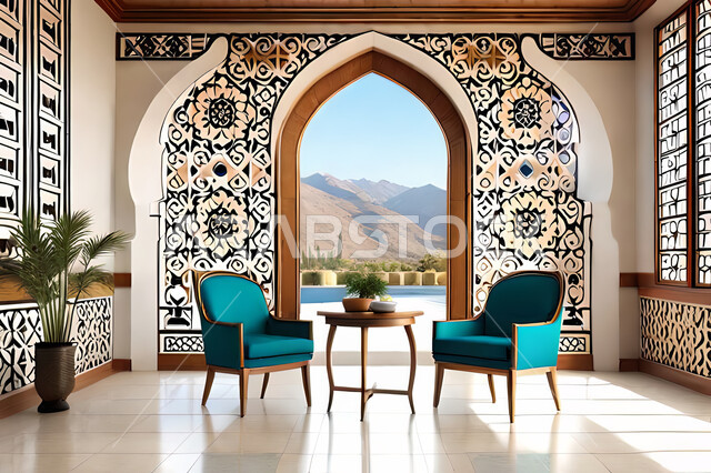 غرفة معيشة بتصاميم عصرية حديثه، زخارف عربية اسلامية, ديكورات داخليه، غرفة جلوس, تصاميم عصرية فاخرة، شقق وفلل سكنية, الفن الهندسي الاسلامي, باب خشبي ملون على الطراز العربي الاسلامي .