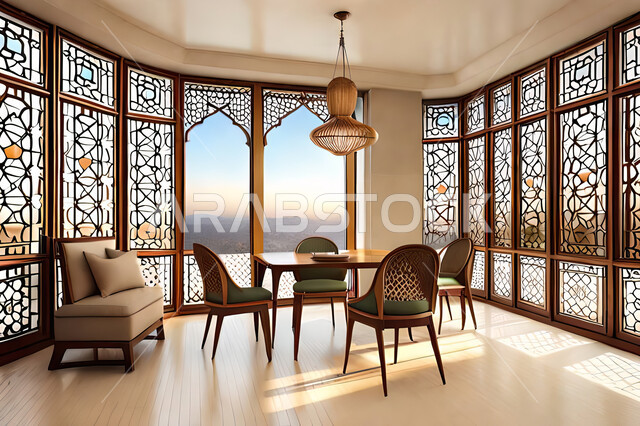 غرفة طعام بتصاميم عصرية حديثه، زخارف عربية اسلامية, ديكورات داخليه، غرفة طعام, تصاميم عصرية فاخرة، شقق وفلل سكنية, الفن الهندسي الاسلامي, باب خشبي ملون على الطراز العربي الاسلامي .