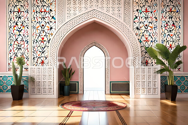 غرفة معيشة بتصاميم عصرية حديثه، زخارف عربية اسلامية, ديكورات داخليه، غرفة جلوس, تصاميم عصرية فاخرة، شقق وفلل سكنية, الفن الهندسي الاسلامي, باب خشبي ملون على الطراز العربي الاسلامي .