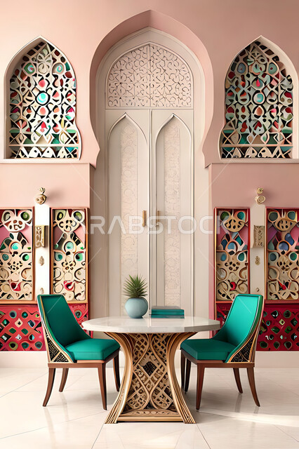 غرفة طعام بتصاميم عصرية حديثه، زخارف عربية اسلامية, ديكورات داخليه، غرفة طعام, تصاميم عصرية فاخرة، شقق وفلل سكنية, الفن الهندسي الاسلامي, باب خشبي ملون على الطراز العربي الاسلامي .