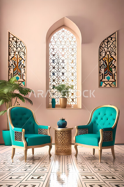 غرفة معيشة بتصاميم عصرية حديثه،  زخارف عربية اسلامية, ديكورات داخليه، غرفة جلوس, تصاميم عصرية فاخرة، شقق وفلل سكنية, الفن الهندسي الاسلامي, نافذة خشبية على الطراز  العربي الاسلامي .