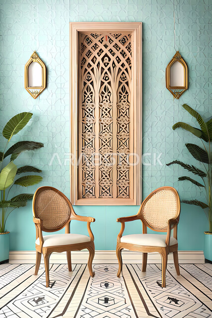 غرفة معيشة بتصاميم عصرية حديثه،  زخارف عربية اسلامية, ديكورات داخليه، غرفة جلوس, تصاميم عصرية فاخرة، شقق وفلل سكنية, الفن الهندسي الاسلامي, نافذة خشبية على الطراز  العربي الاسلامي .