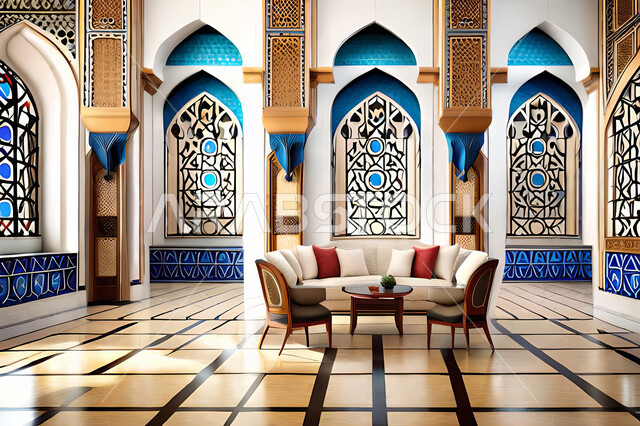 غرفة معيشة بتصاميم عصرية حديثه،  زخارف عربية اسلامية, ديكورات داخليه، غرفة جلوس, تصاميم عصرية فاخرة، شقق وفلل سكنية, الفن الهندسي الاسلامي, نافذة خشبية على الطراز  العربي الاسلامي .