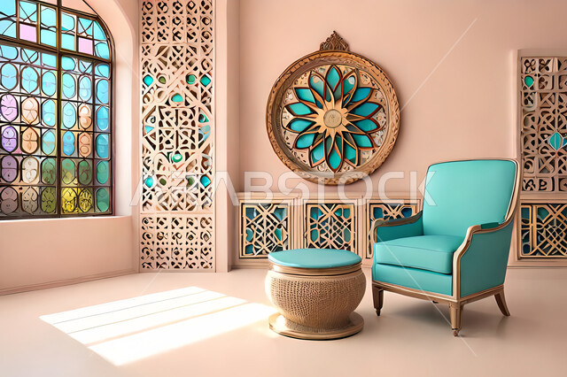 غرفة معيشة بتصاميم عصرية حديثه،  زخارف عربية اسلامية, ديكورات داخليه، غرفة جلوس, تصاميم عصرية فاخرة، شقق وفلل سكنية, الفن الهندسي الاسلامي, نافذة خشبية على الطراز  العربي الاسلامي .