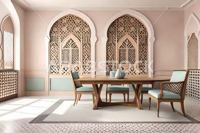 غرفة طعام بتصاميم عصرية حديثه،  زخارف عربية اسلامية, ديكورات داخليه، غرفة طعام, تصاميم عصرية فاخرة، شقق وفلل سكنية, الفن الهندسي الاسلامي, نافذة خشبية على الطراز  العربي الاسلامي .