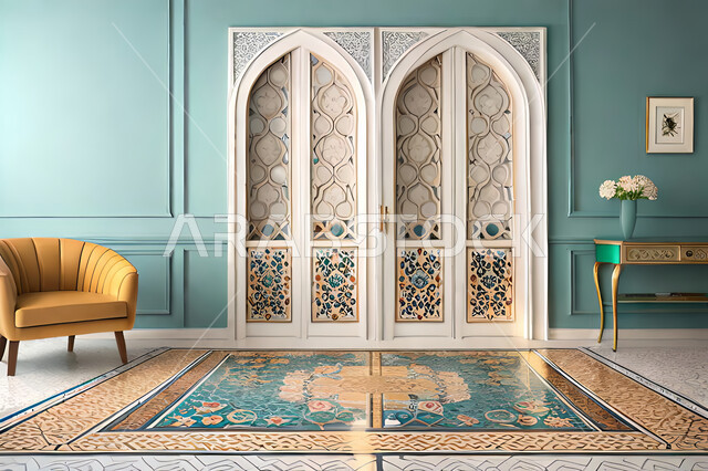 غرفة معيشة بتصاميم عصرية حديثه،  زخارف عربية اسلامية, ديكورات داخليه، غرفة جلوس, تصاميم عصرية فاخرة، شقق وفلل سكنية, الفن الهندسي الاسلامي, نافذة خشبية على الطراز  العربي الاسلامي .