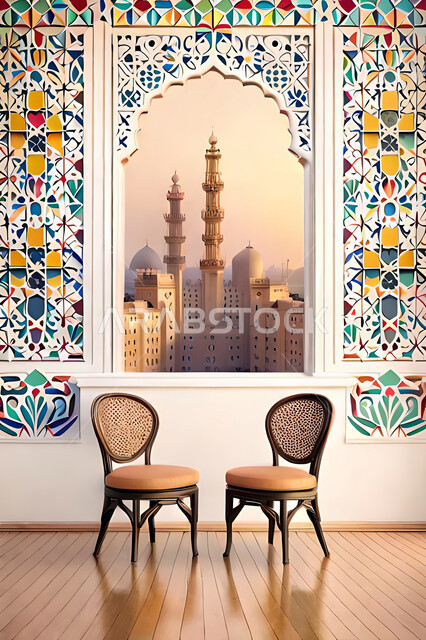 غرفة جلوس بتصاميم عصرية حديثه،  زخارف عربية اسلامية, ديكورات داخليه، غرفة معيشة, تصاميم عصرية فاخرة، شقق وفلل سكنية, الفن الهندسي الاسلامي, نافذة خشبية على الطراز  العربي الاسلامي .