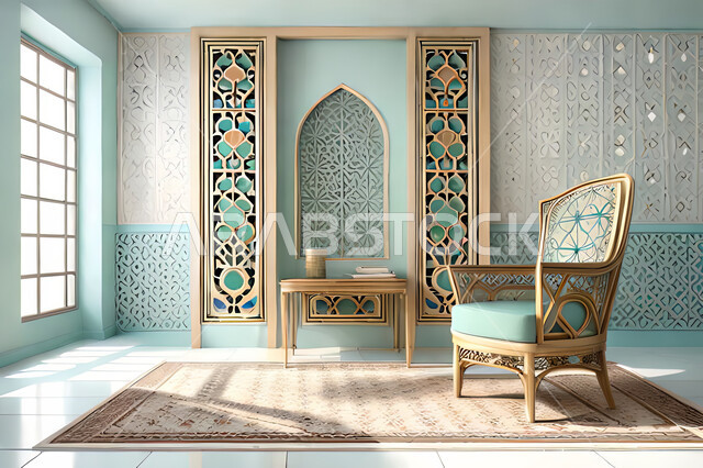 غرفة جلوس بتصاميم عصرية حديثه،  زخارف عربية اسلامية, ديكورات داخليه، غرفة معيشة, تصاميم عصرية فاخرة، شقق وفلل سكنية, الفن الهندسي الاسلامي, نافذة خشبية على الطراز  العربي الاسلامي .