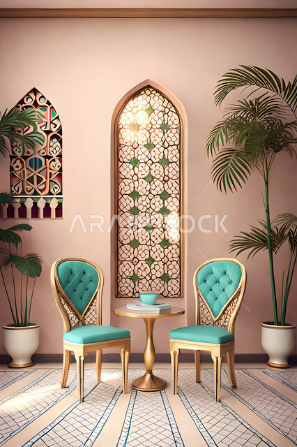 غرفة جلوس بتصاميم عصرية حديثه،  زخارف عربية اسلامية, ديكورات داخليه، غرفة معيشة, تصاميم عصرية فاخرة، شقق وفلل سكنية, الفن الهندسي الاسلامي, نافذة خشبية على الطراز  العربي الاسلامي .