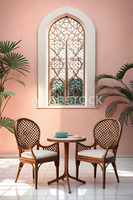 غرفة جلوس بتصاميم عصرية حديثه،  زخارف عربية اسلامية, ديكورات داخليه، غرفة معيشة, تصاميم عصرية فاخرة، شقق وفلل سكنية, الفن الهندسي الاسلامي, نافذة خشبية على الطراز  العربي الاسلامي .