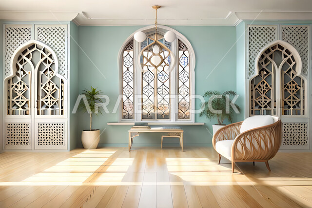 غرفة جلوس بتصاميم عصرية حديثه،  زخارف عربية اسلامية, ديكورات داخليه، غرفة معيشة, تصاميم عصرية فاخرة، شقق وفلل سكنية, الفن الهندسي الاسلامي, نافذة خشبية على الطراز  العربي الاسلامي .