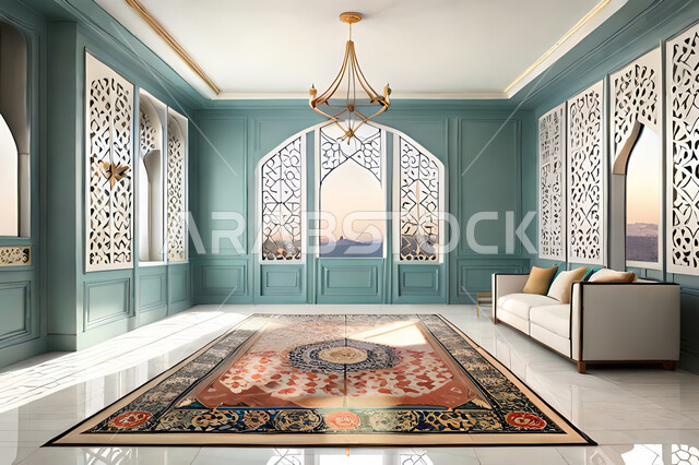 غرفة جلوس بتصاميم عصرية حديثه،  زخارف عربية اسلامية, ديكورات داخليه، غرفة معيشة, تصاميم عصرية فاخرة، شقق وفلل سكنية, الفن الهندسي الاسلامي, نافذة خشبية على الطراز  العربي الاسلامي .