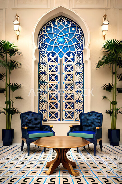 غرفة جلوس بتصاميم عصرية حديثه، نافذة خشبية على الطراز العربي الاسلامي , زخارف عربية اسلامية, ديكورات داخليه، غرفة معيشة, تصاميم عصرية فاخرة، شقق وفلل سكنية, الفن الهندسي الاسلامي