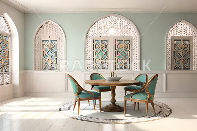 تصاميم عصرية حديثه لغرفة الطعام، نافذة خشبية على الطراز  العربي الاسلامي ,  زخارف عربية اسلامية, ديكورات داخليه، غرفة طعام, تصاميم عصرية فاخرة، شقق وفلل سكنية, الفن الهندسي الاسلامي