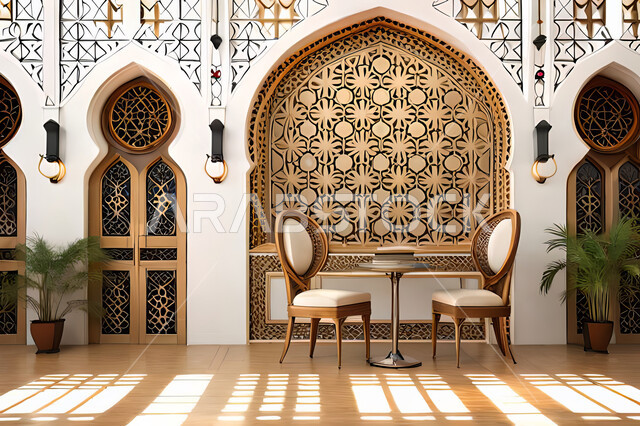 غرفة جلوس بتصاميم عصرية حديثه، نافذة خشبية على الطراز  العربي الاسلامي ,  زخارف عربية اسلامية, ديكورات داخليه، غرفة معيشة, تصاميم عصرية فاخرة، شقق وفلل سكنية, الفن الهندسي الاسلامي