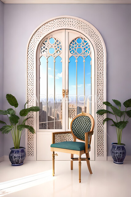 غرفة جلوس بتصاميم عصرية حديثه، نافذة خشبية على الطراز  العربي الاسلامي ,  زخارف عربية اسلامية, ديكورات داخليه، غرفة معيشة, تصاميم عصرية فاخرة، شقق وفلل سكنية, الفن الهندسي الاسلامي