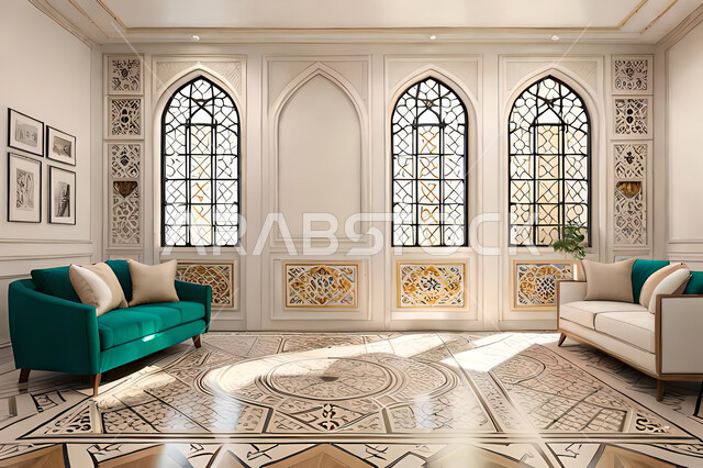 غرفة جلوس بتصاميم عصرية حديثه،  زخارف عربية اسلامية, ديكورات داخليه، غرفة معيشة, تصاميم عصرية فاخرة، شقق وفلل سكنية, الفن الهندسي الاسلامي, نافذة خشبية على الطراز  العربي الاسلامي .