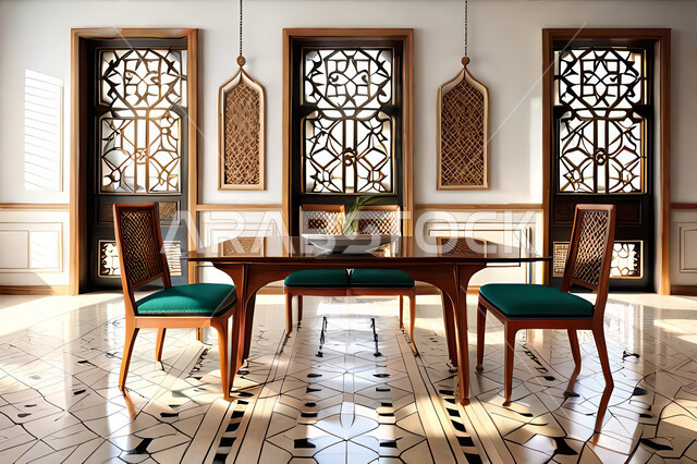 تصاميم عصرية حديثه لغرفة طعام،  زخارف عربية اسلامية, ديكورات داخليه، غرفة طعام, تصاميم عصرية فاخرة، شقق وفلل سكنية, الفن الهندسي الاسلامي, نافذة خشبية على الطراز  العربي الاسلامي .